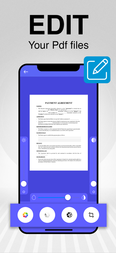 PDF Doc Scanner: Scan Cloud - Interface de um aplicativo móvel mostrando um acordo de pagamento sendo editado com várias ferramentas digitais