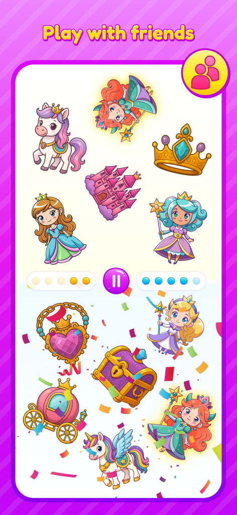 Princesses brain game match - Vista de pantalla dividida de un juego de parejas con temática de princesas para dos jugadores