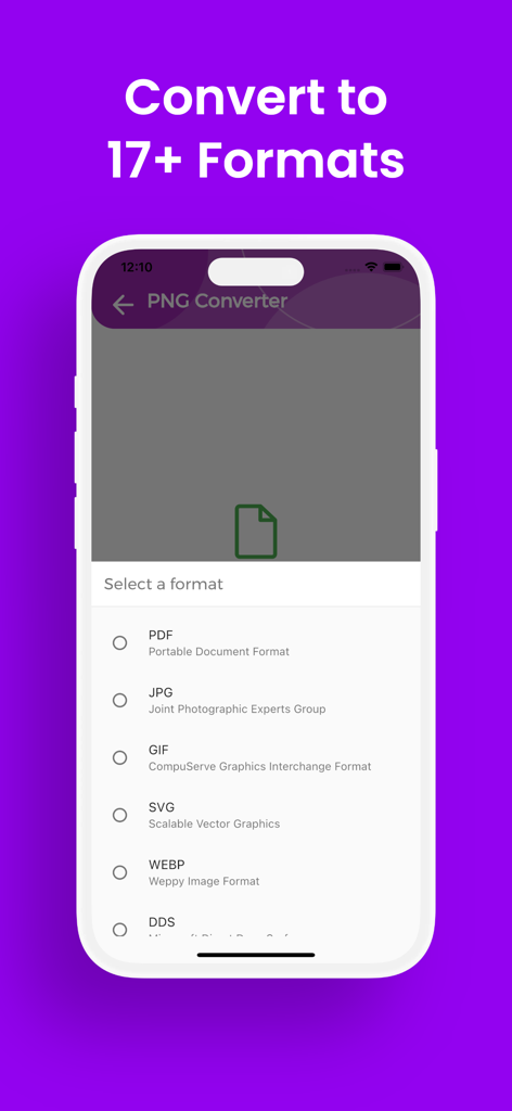 PNGコンバーターアプリのスクリーンショット。PDF、JPG、SVGなどのサポートされている出力形式のリストを表示しています。