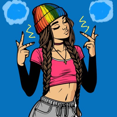 realistic teenage girl with braids and a beanie and crop top doing 🫶🏼