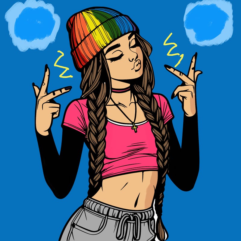 realistic teenage girl with braids and a beanie and crop top doing 🫶🏼