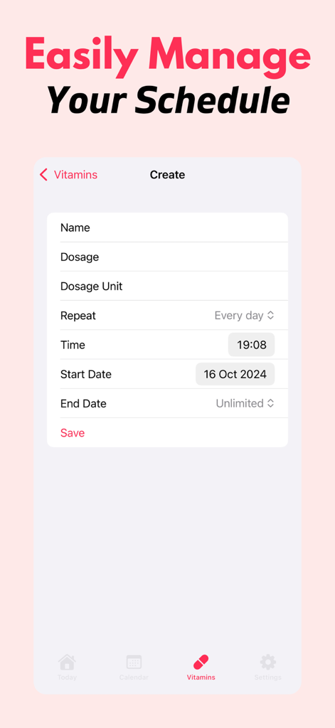 Vitamin Tracker Reminder VitUp - Oberfläche zum Erstellen eines neuen Vitaminplans in der VitUp Tracker App