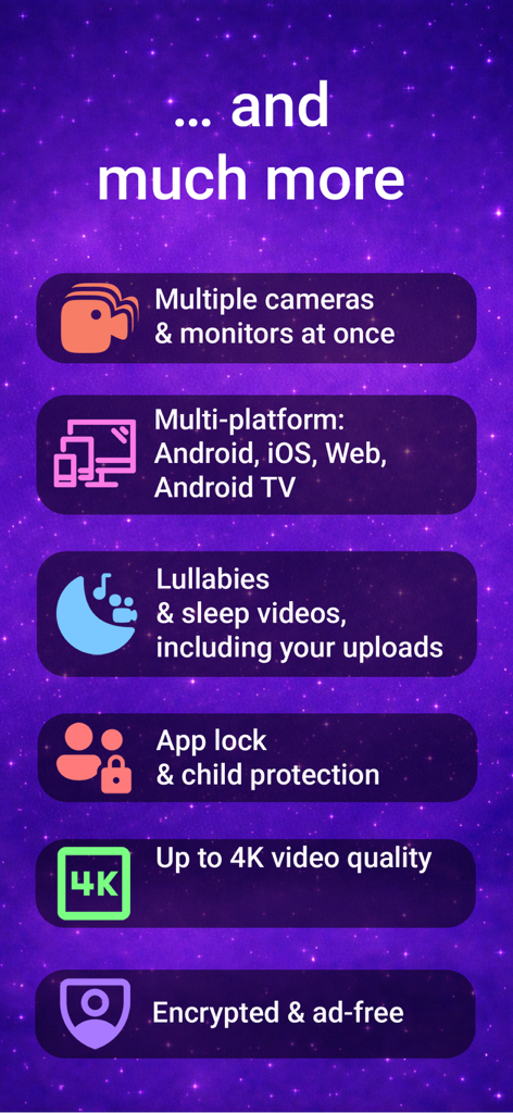 Overview of Nani Baby Monitor app features including 4K video quality and encrypted security.