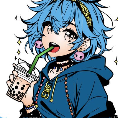hot baddie anime girl drinking boba and biting the straw