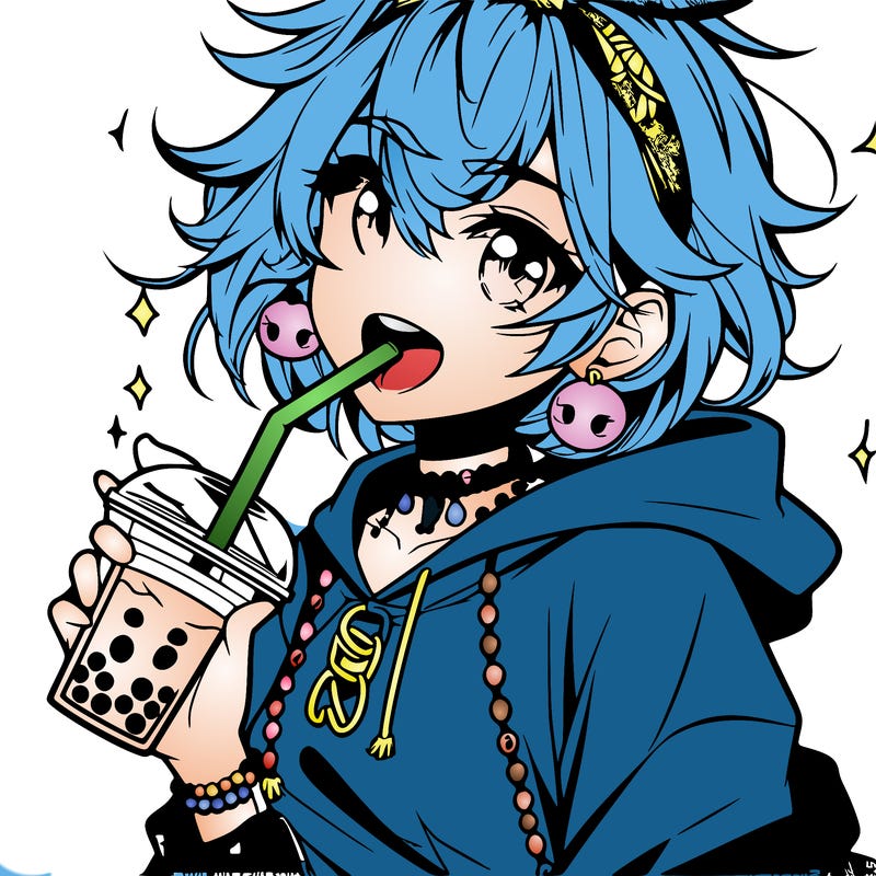 hot baddie anime girl drinking boba and biting the straw