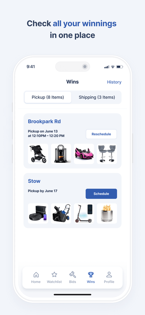 OLA app screen showing won auction items organized by pickup location and shipping status.