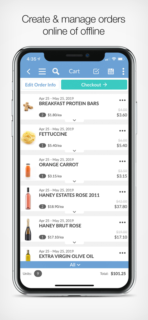 NuORDER 4.0 mobile app screen showing a digital shopping cart with wholesale products and pricing