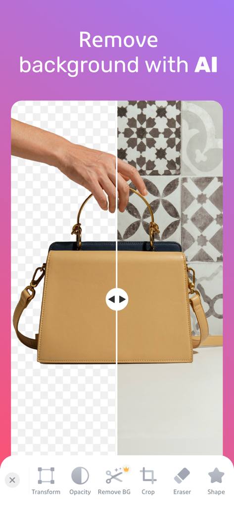 Andalusi: Design Photo & Video - Split screen demonstration of the AI background remover tool on a product photo of a handbag