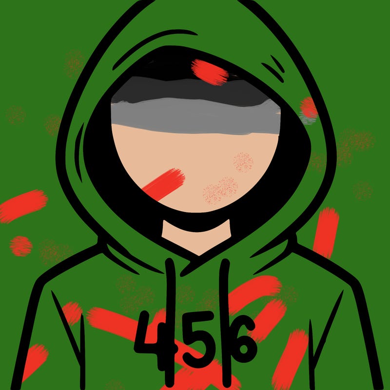 a person with non face waering a hoodie with a 456 symbol
