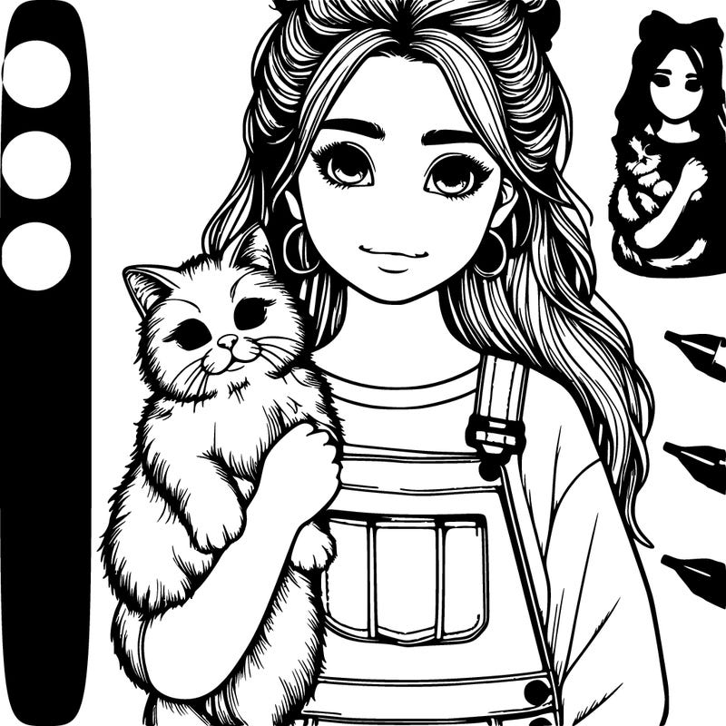 realistic girl, holding cat wearing overalls