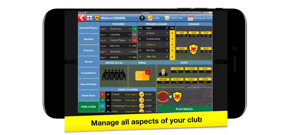 Panel de control del juego Soccer Tycoon mostrando funciones y estadísticas de gestión del club