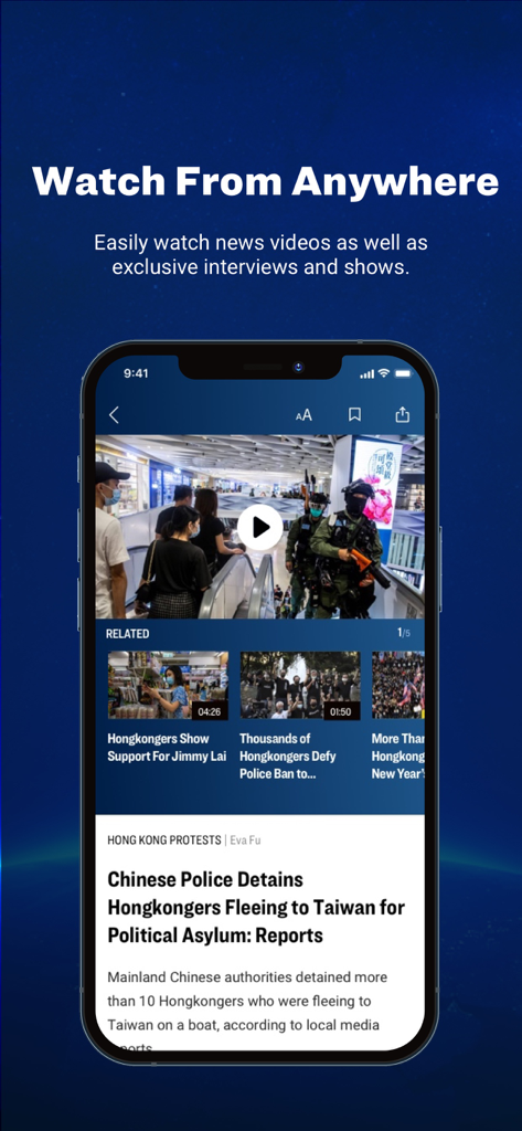NTD: Live TV & Breaking News - A smartphone displaying the NTD news app with a video player and a news article about Hong Kong protests