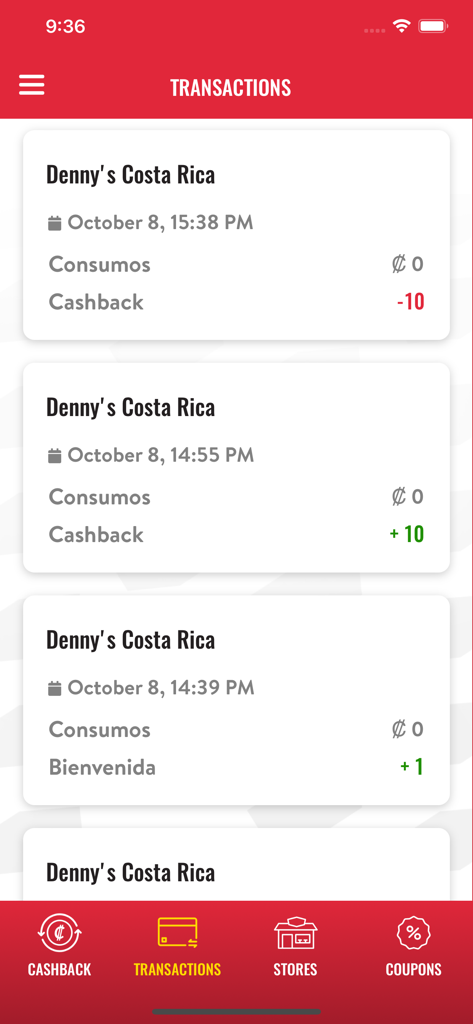 Denny's Costa Rica - Pantalla del historial de transacciones en la app móvil Denny's Costa Rica que muestra las recompensas de cashback y las fechas