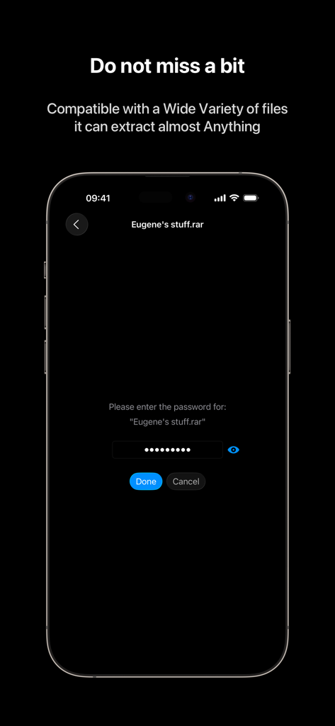 Interface of Keka app prompting for a password to extract a RAR archive on iPhone.