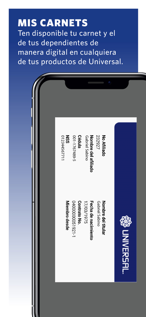 Tarjeta de identificación de seguro digital mostrada en un teléfono móvil dentro de la app Universal.