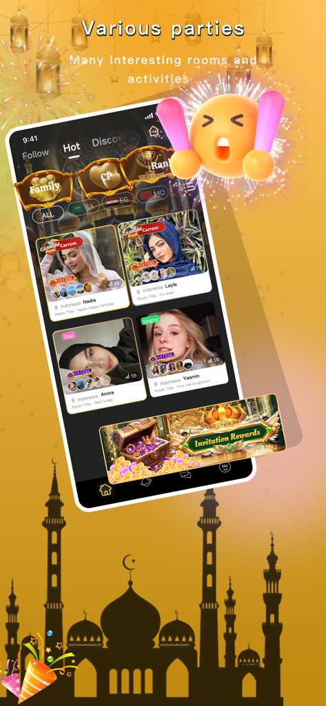 Heyo Chat-Party games - Écran mobile de Heyo Chat montrant divers salons vocaux sociaux et des activités de jeux occasionnels