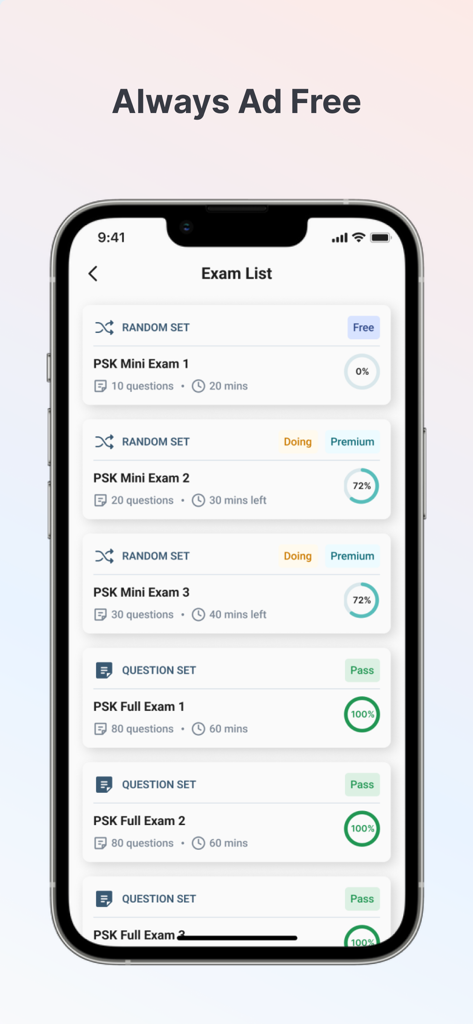 PSK Exam Simulator - Interfaz de la aplicación móvil Simulador de Examen PSK que muestra una lista de exámenes de práctica con puntuaciones de seguimiento de progreso
