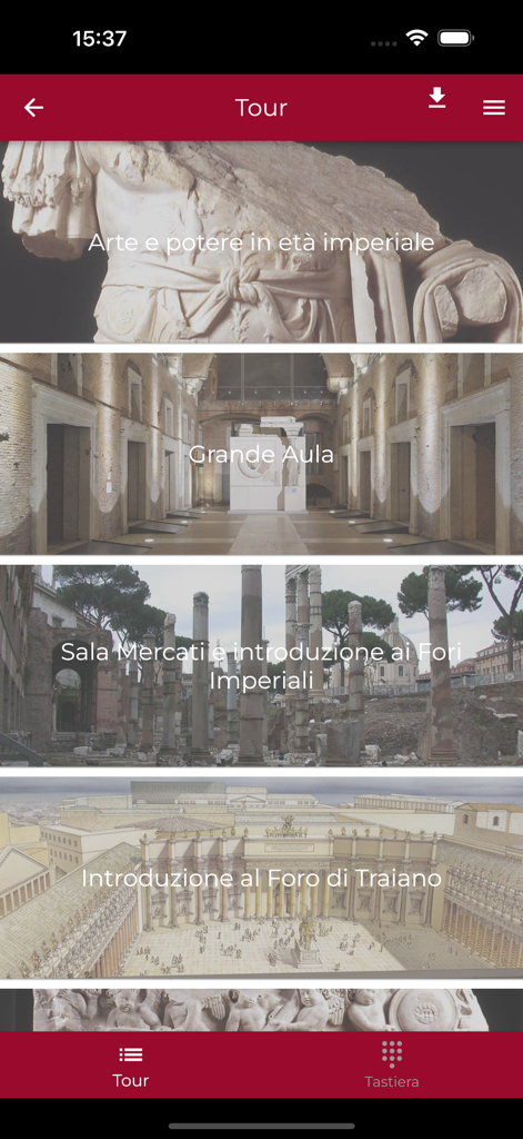 Mercati di Traiano Roma - Screenshot of the Mercati di Traiano app showing various tour paths including Art and Power in the Imperial Age and the Great Hall