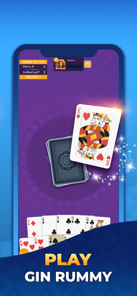 VIP Games: Card & Board Online - Una pantalla de teléfono móvil mostrando una partida de Gin Rummy con una mesa morada y el texto 'Jugar Gin Rummy'
