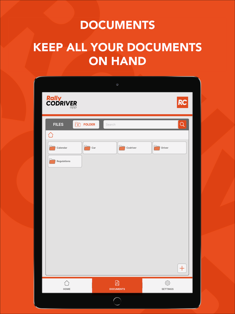 Rally Codriver - Interfaccia dell'app Rally Codriver su un iPad che mostra cartelle per documenti di calendario, auto e pilota.