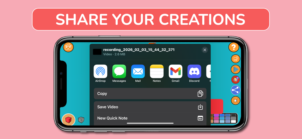 iPhone上のBlox 3Dアプリのインターフェース。iOS共有シートを介して3Dモデリング作品を共有するオプションが表示されます