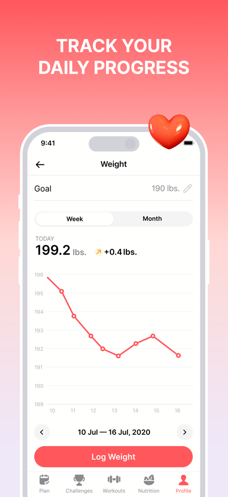 Organic Fit: Workout for Women - Organic Fit app interface showing a weight tracking line graph and progress towards a goal