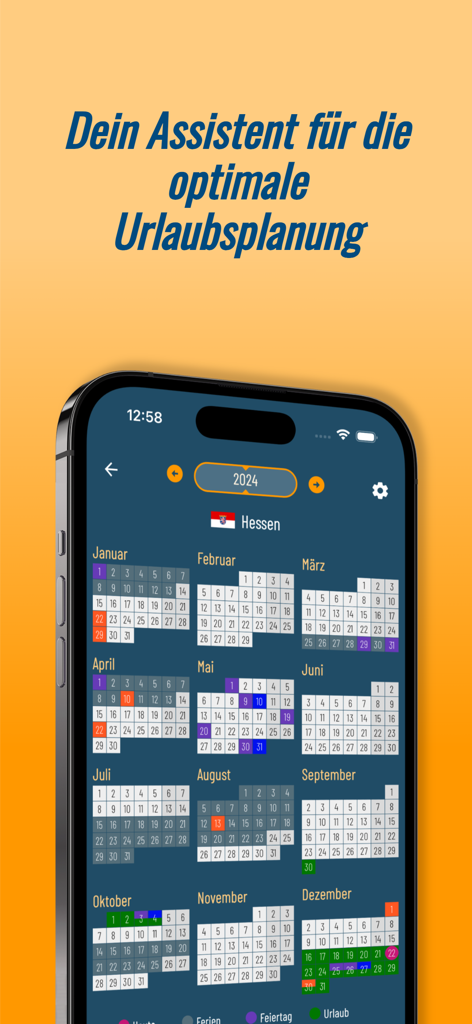 Capture d'écran d'une application mobile montrant un calendrier 2024 des jours fériés allemands et des vacances scolaires dans le Land de Hesse.