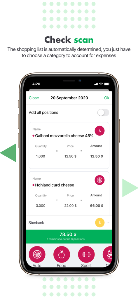 Cubux Budget-App Kassenbeleg-Scan-Funktion, die automatische Identifizierung und Kategorisierung von Lebensmittelkosten zeigt