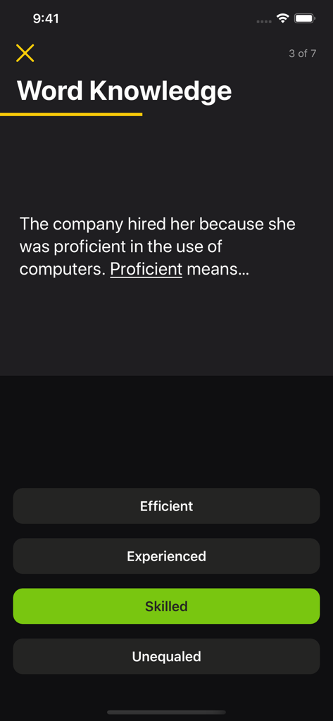 A word knowledge practice question screen in the US Army ASVAB Challenge app asking for the definition of proficient.
