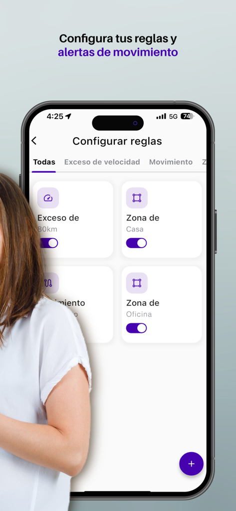 WiseCity - WiseCity App-Bildschirm zur Einrichtung von GPS-Fahrzeugverfolgungsregeln und Bewegungswarnungen.