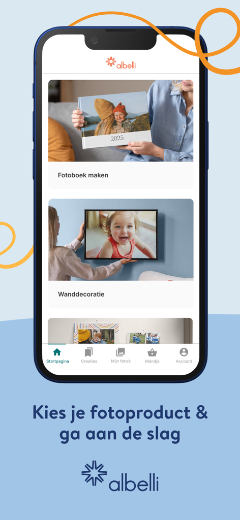 Écran d'accueil de l'application Albelli affichant les options pour créer des livres photo et des décorations murales sur un smartphone.