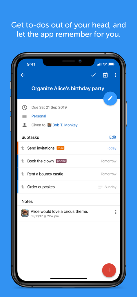 Remember The Milk: To-Do List - Remember The Milk mobile app displaying a task with subtasks and notes.