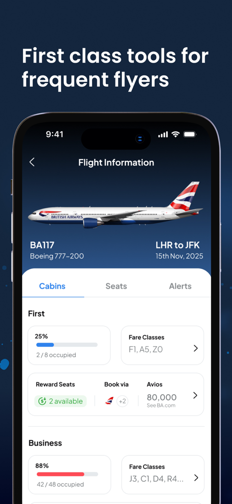 Planepoints app flight information screen showing cabin occupancy fare classes and reward seat availability
