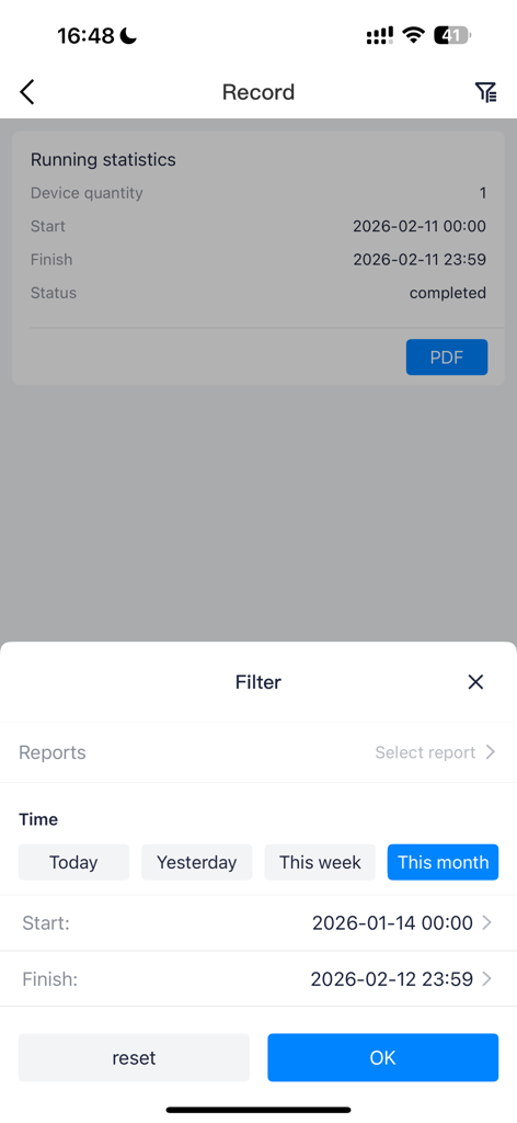 TSS Rastreo - Interfaz mostrando estadísticas de informes y filtros de tiempo en la aplicación de rastreo TSS Rastreo