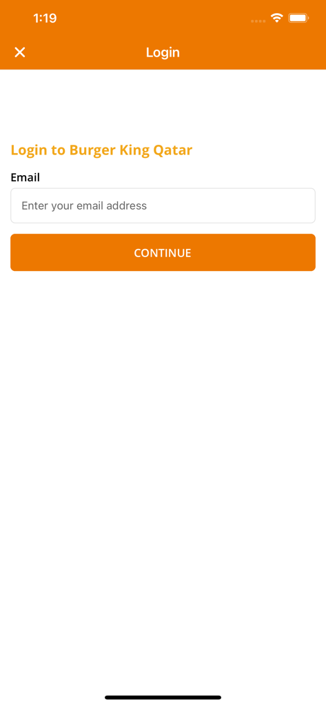 Burger King Qatar - Login screen of the Burger King Qatar app featuring an email input field and a continue button