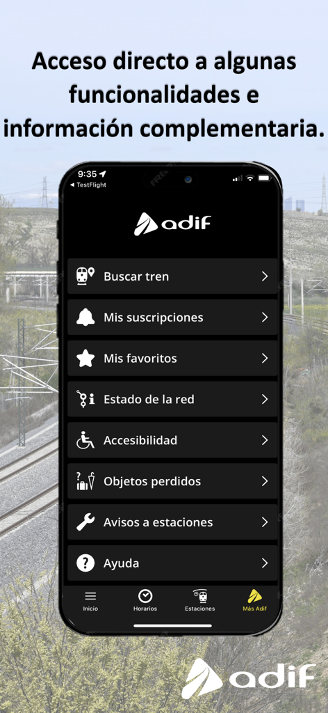 Pantalla de la aplicación móvil Adif que muestra una lista de funciones de viaje que incluyen búsqueda de trenes, estado de la red y objetos perdidos