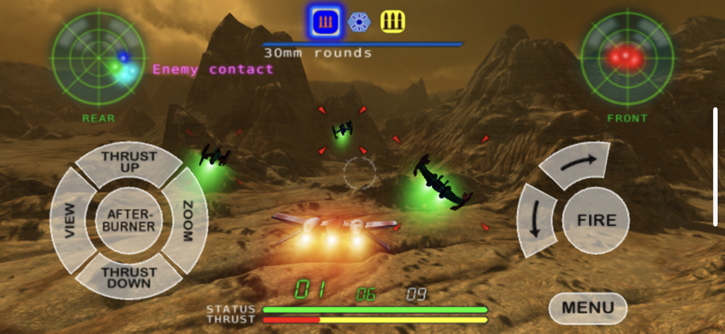 Nemesis 3D space shooter gameplay showing ship combat in a mountain canyon with on-screen controls and radar HUD