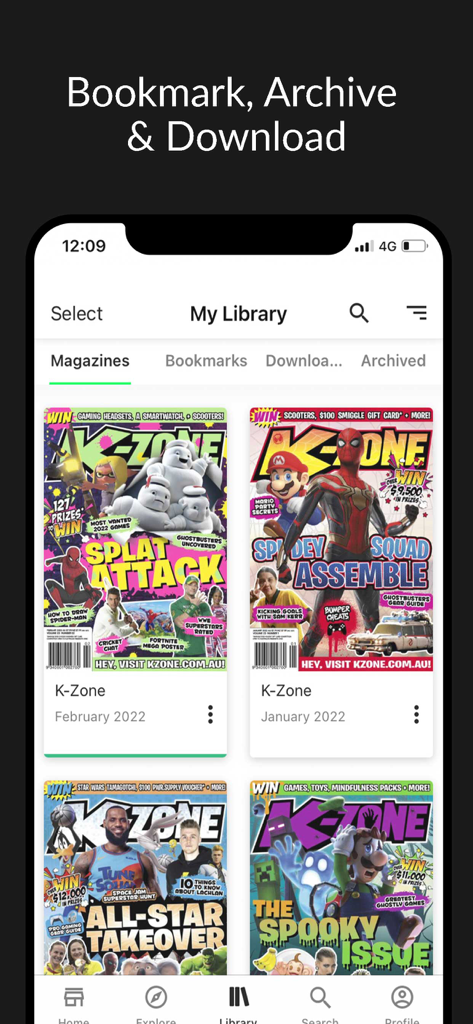 Bildschirm der digitalen Bibliothek des K-Zone Magazins mit monatlichen Ausgaben und Covers von Spider-Man, Mario und Minecraft.