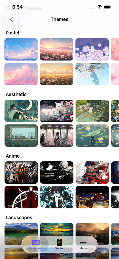 A gallery of custom keyboard background themes in the Cool Fonts plus app categorized by Pastel Aesthetic Anime and Landscapes