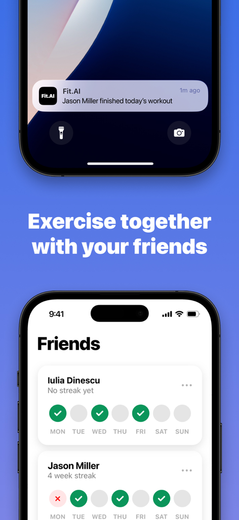 Fit.AI: ultra personal fitness - Fit.AI app interface displaying friend workout activity and completion notifications.