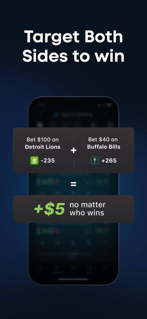 OddsJam: Sharp Sports Betting - アービトラージスポーツベッティングのイラスト、両方のサイドをターゲットにして5ドルの利益を保証する方法を示す