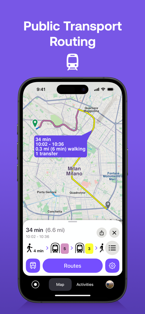 Interfaccia dell'app Magic Earth che mostra un percorso di trasporto pubblico multimodale a Milano