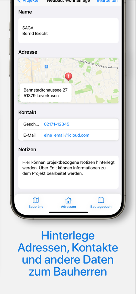 ProCapture app interface displaying construction project details including client name, address map, and contact information.