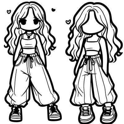 girl in baggy pants crop top and long hair