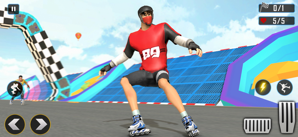 Roller Skate Downhill Racing - A male character wearing a red jersey and helmet roller skating on a vibrant urban track