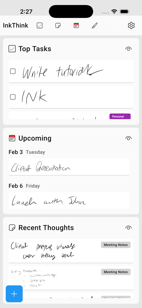 InkThink - Handwritten Planner - InkThink app dashboard showing handwritten tasks, upcoming calendar events, and recent meeting notes