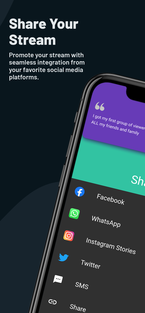 Streamlabs Controller - Streamlabs Controller app interface showing social media sharing options like Facebook, Instagram, and Twitter.