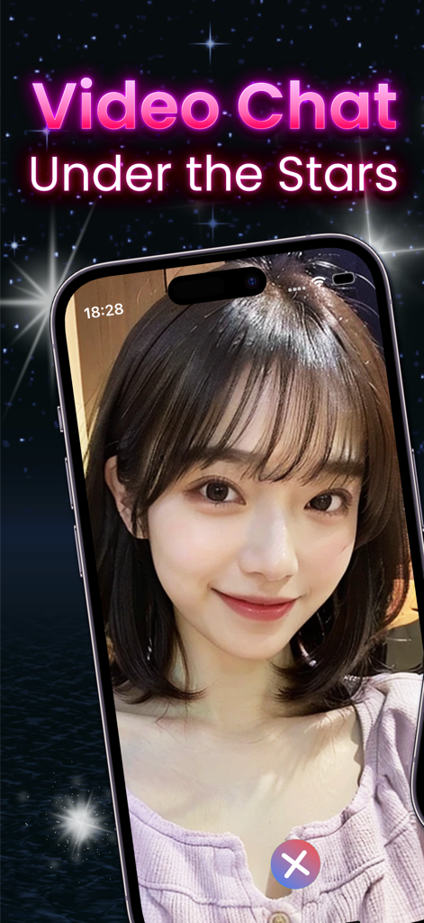 Moon - Night Sky Video Chat - Video chat interface of the Moon app showing a young woman under a starry sky background