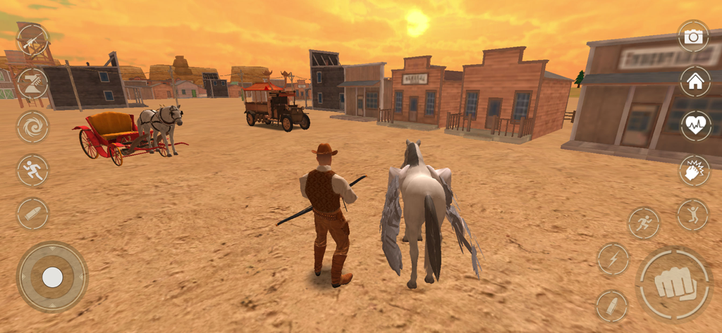 Wild West: Gunfighter Gangster - A cowboy character and a horse in an open world western town during sunset with mobile game controls