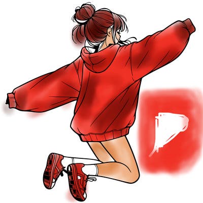 realistic girl jumping with a bun and oversized sweatshirt